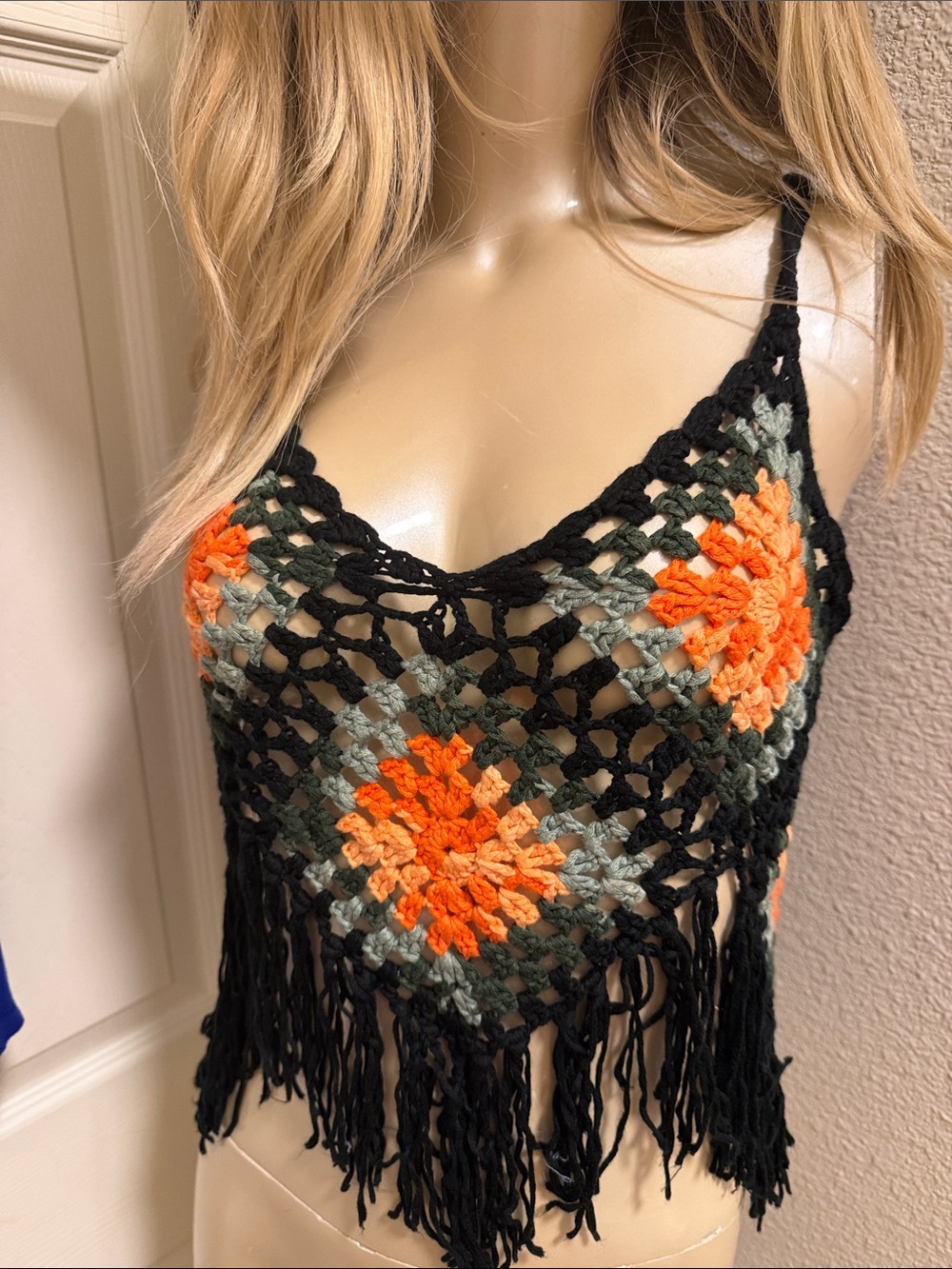 Hand-Crocheted Fringe Crop Top in Black with Orange and Olive Accents